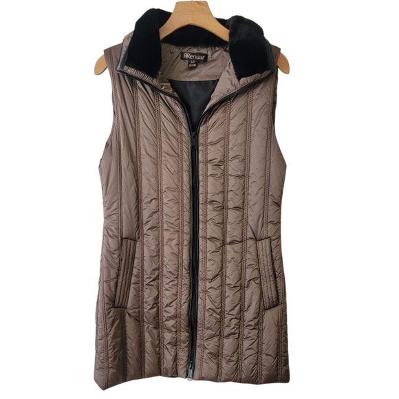 Renuar Puffer Vest Long Sleeveless Jacket Brown Size S Winter Faux Fur Collar - Picture 1 of 12